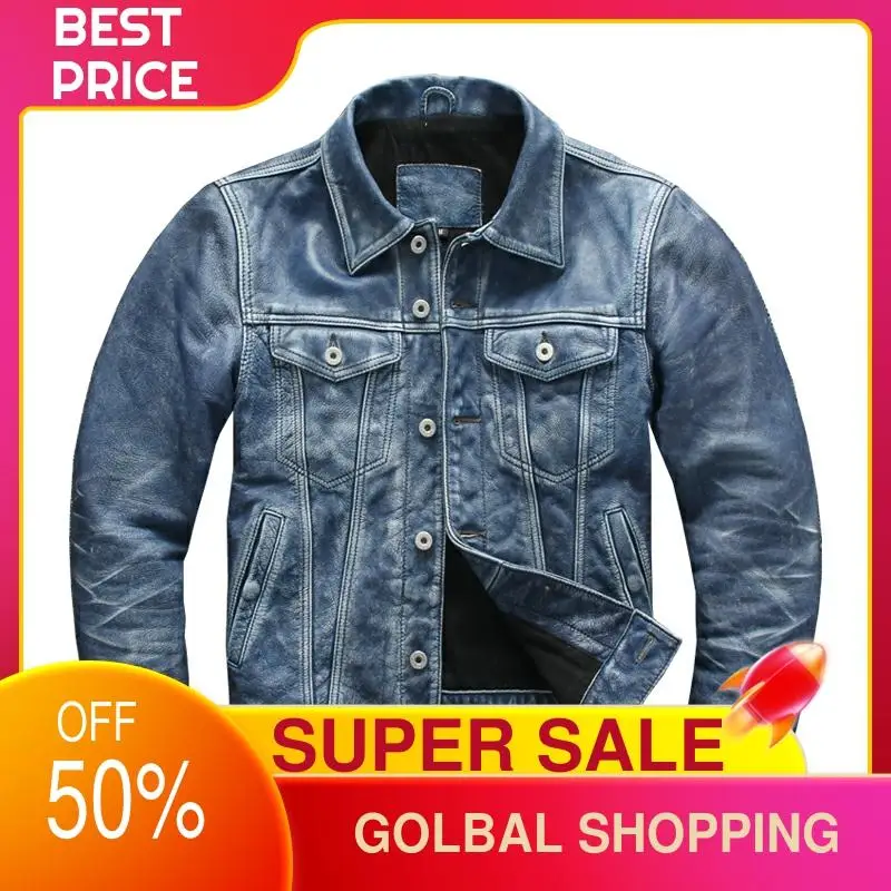 

2021 Vintage Blue Japan Casual Style Genuine Leather Jacket Men Large Size 4XL Real Natural Cowhide Slim Fit Autumn Coat