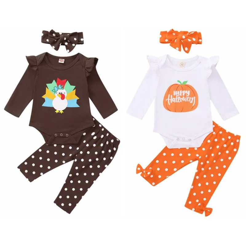 

3Pcs Baby Girls Boys Clothes Set Cartoon Letter Print Halloween Outfits Sets Autumn Children Cotton Romper Trousers Headband