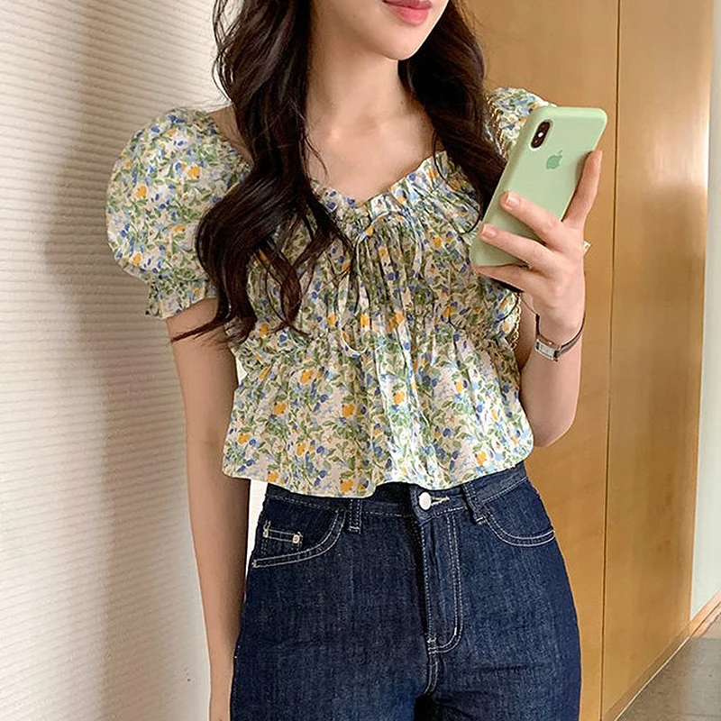 

Женская винтажная шифоновая блузка, летняя рубашка с цветочным принтом, 2021