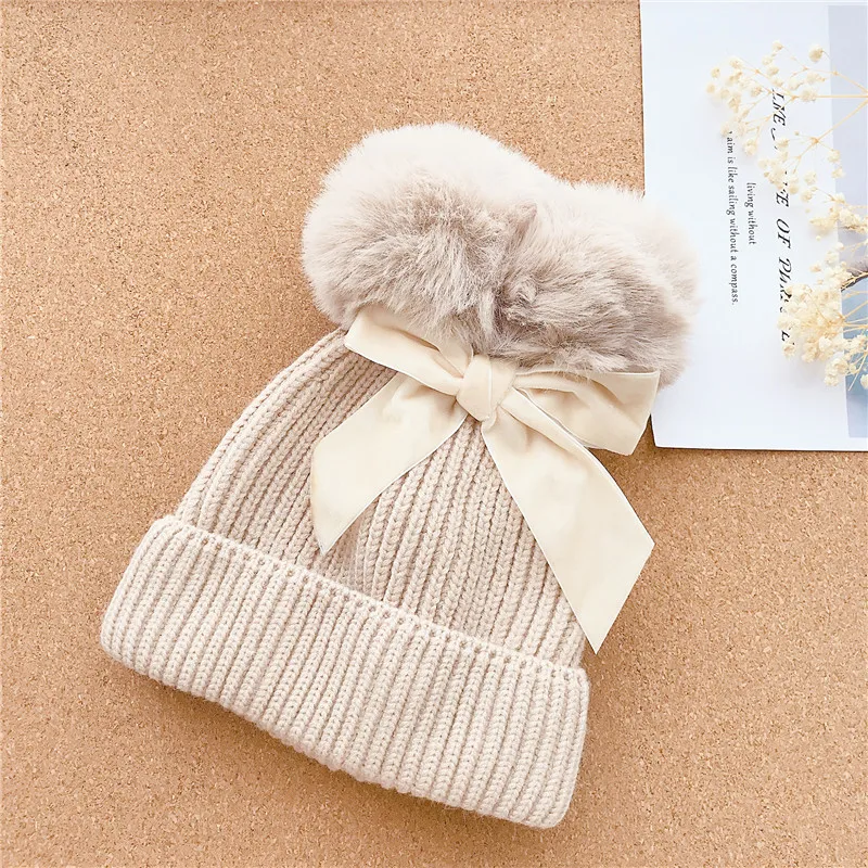 

Winter Baby Hats Pompom Girls Boy Big Bows Beanies Ear Warmer Children Woolen Knitted Indian Cap Ribbed Infant Bonnet