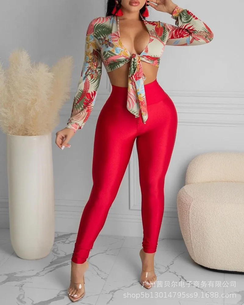 

Wepbel Tops High Waist Legging Suits Ladies Tracksuit Red Shirt Leggings Suit Club Wear Crop Tops Sets Women Long Sleeve