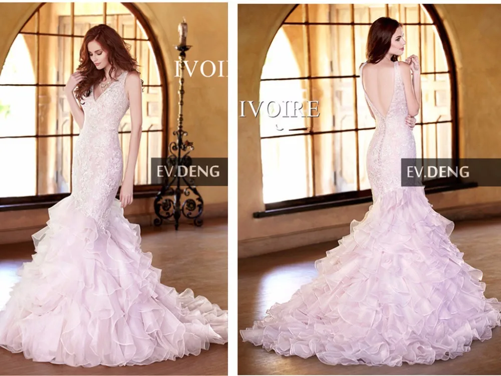 

organza ruffles sexy backless long lace mermaid wedding dress 2016 hot sale v-neck vestido de noiva casamento bride bridal gown