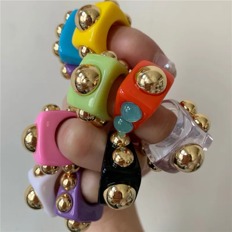

New Colorful Golden Bead Transparent Resin Acrylic Square Rings for Women Girls 2021 Jewelry Trendy Travel Gifts