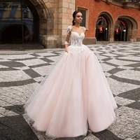 magic awn new pink tulle wedding dresses lace appliques illudion half sleeves boho princess bridal gowns for women robes mariee