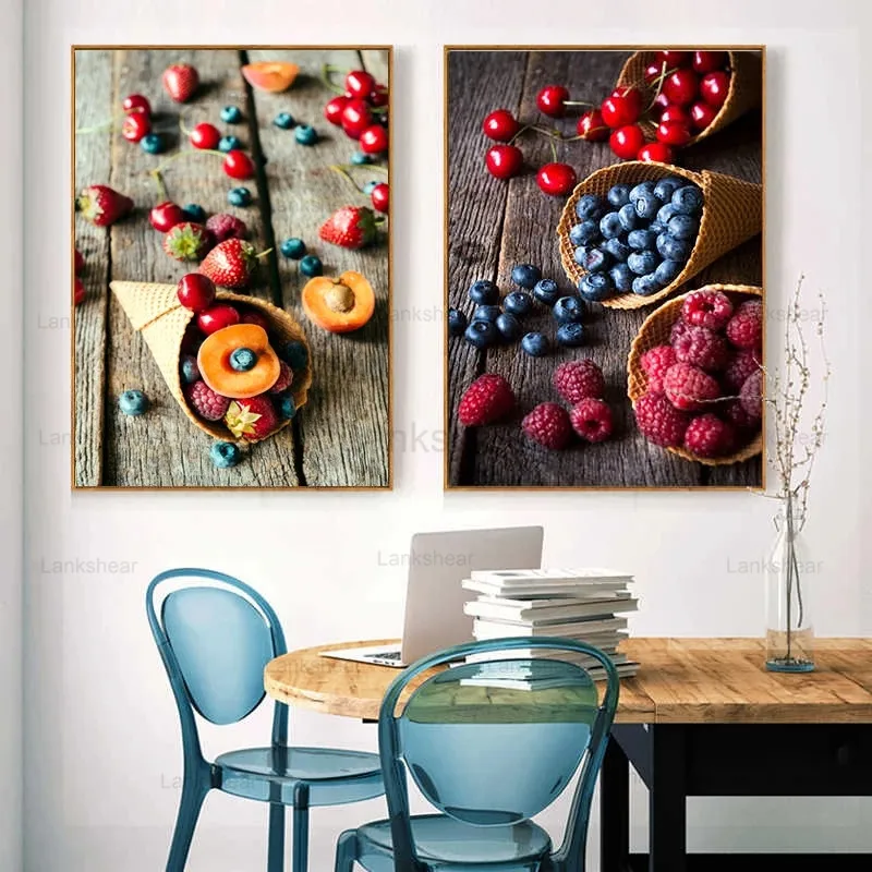 

Food Kitchen Poster Wall Art Canvas Print Blueberry Fruit Dessert Painting Decorative Picture Modern Dining Room Decoration