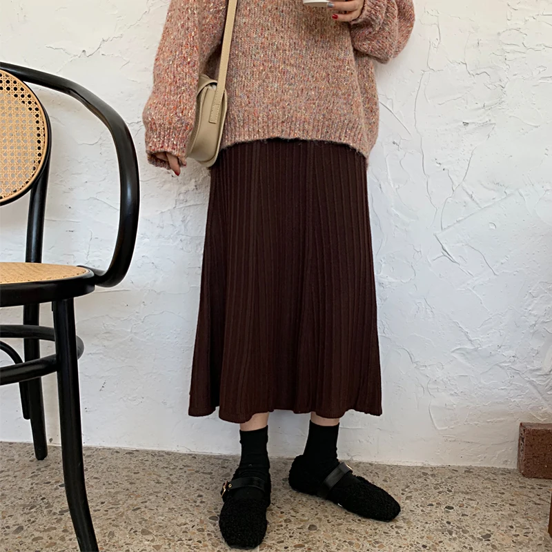 

HziriP New 2021 Autumn Skirt For Women Solid Knitted Pleated High Waist Fashion Elegance All-Match Female Office Lady A-Line