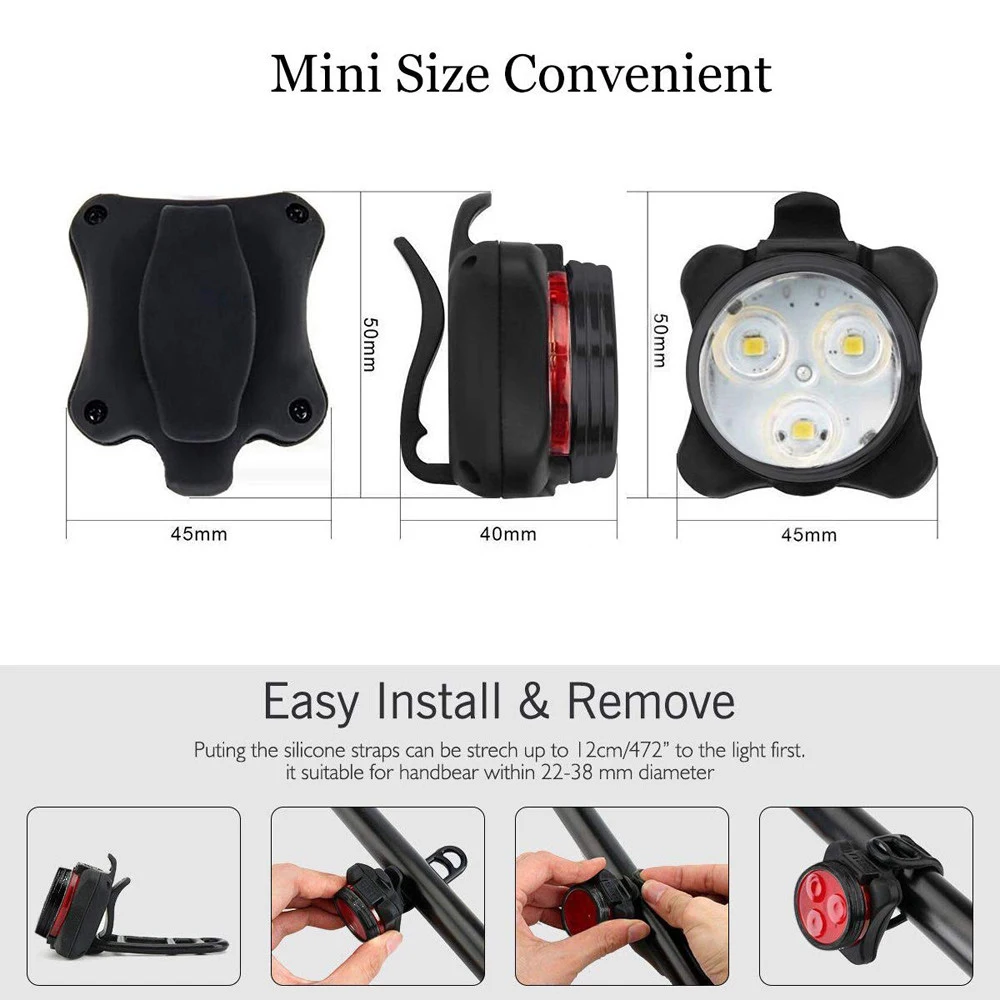 

Cycling Bicycle Bike 3 LED Head Front light 4 modes Waterproof USB Portable Rechargeable Tail Clip Light Lamp Head Rear Light