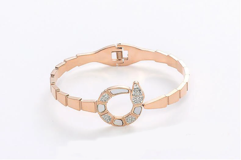 

Female snake bone white shell titanium steel cuff crystal bangle fashion jewelry bracelet wristband wristlet jewel women girl