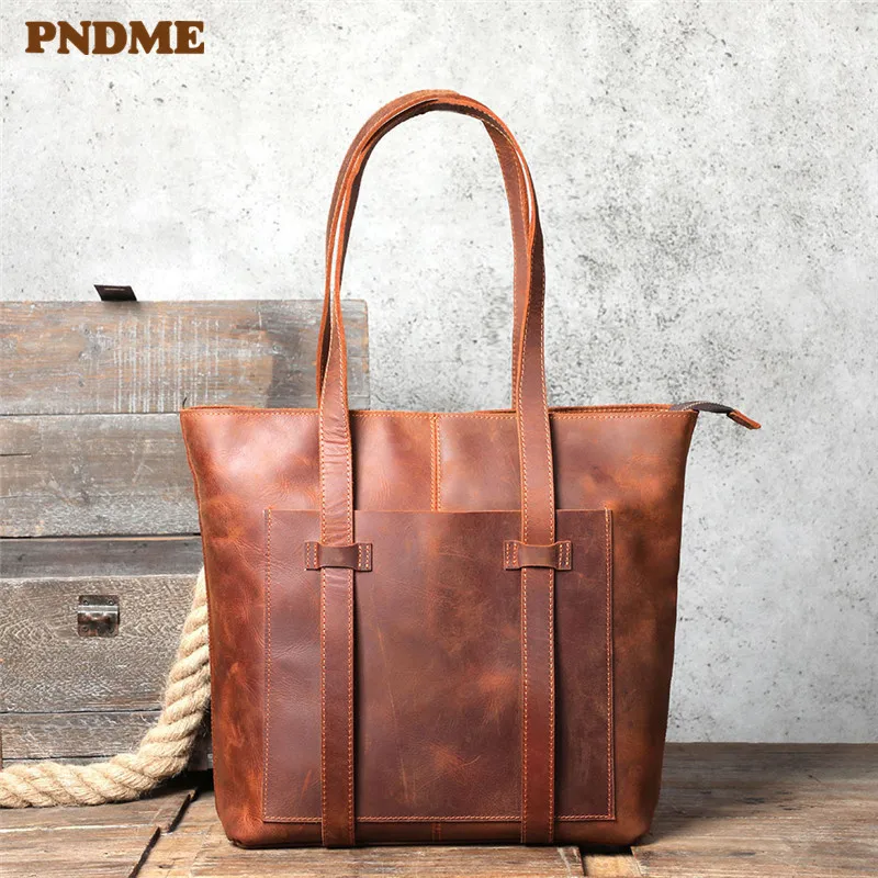 PNDME retro crazy horse cowhide men tote bag casual daily work natural genuine leather handbag fashion real leather shoulder bag