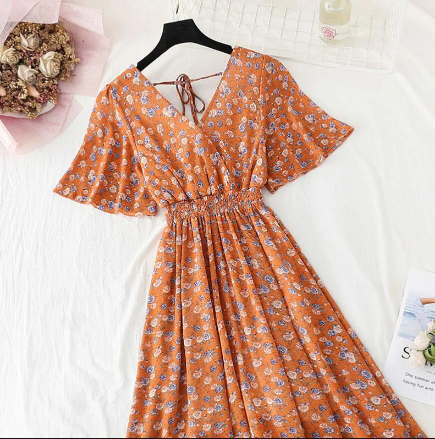 

2021 Summer Women Ruffled Short-sleeved Chiffon Dress V-neck High Waist Floral Print Beach Midi Dresses Backless Sexy Vestidos