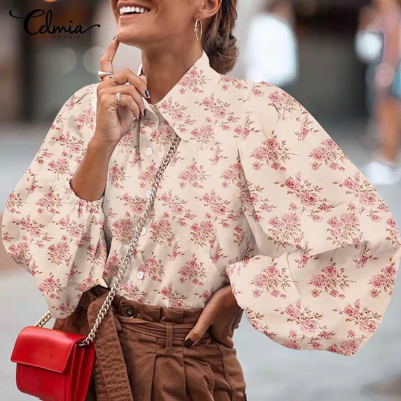 

Celmia Shirt Women Long Lantern Sleeve Lapel Blouse Vintage Plant Printed Shirts Tops Office Ladies Blusas Femininas 7