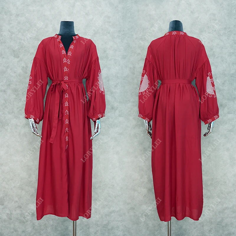 2021 красный в богемном стиле вышитые миди платье размера плюс хлопок туника