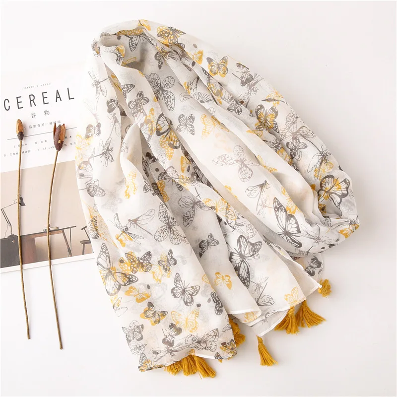 

2021 New Fashion Women Tassel Scarfs Beach Hijab Shawls and Wraps Female Foulard Echarpe Designer Butterfly print Bandana Casual