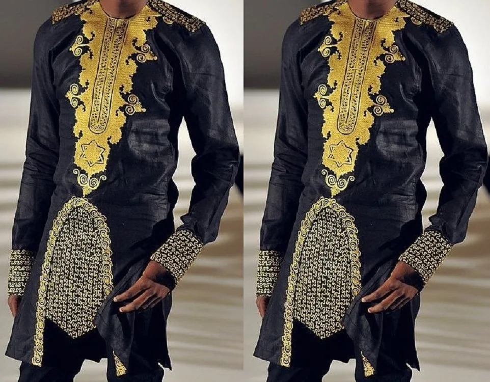 

African Men's Clothing Printed Long Sleeve T-shirt Mid-length Top Muslim Shirt Polyester Black Indian Shirt Men Long Sleeve Over