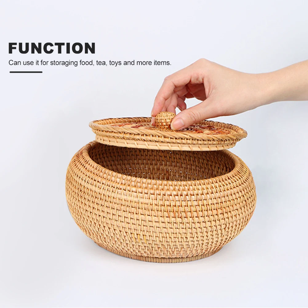 

Rattan Woven Picnic Home Kitchen Solid Round Universal Living Room With Lid Large Capacity Storage Basket Toy Box Bedroom