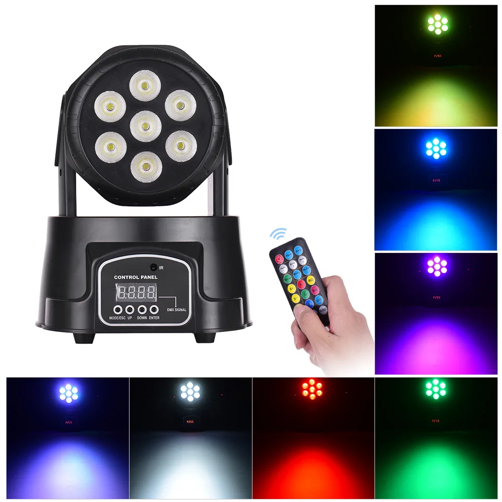 

Stage Light Mini Moving Head Light 7 LEDs 4 in 1 RGBW DMX512 9/14 Channels with Remote Control for KTV Club Bar Party DJ Show
