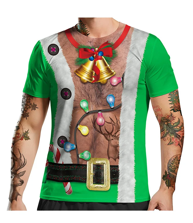 

Sunmmer new style 3D chest hair T-shirt casual top streetwear short-sleeved printing Christmas T-shirt men's Oversized T-shirts