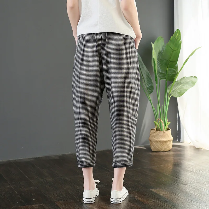 

Casual Plaid Cotton Linen Harem Pants Women's 2020 Summer Artistic Retro Elastic Waist Slimming Loose Cropped Casual Pants