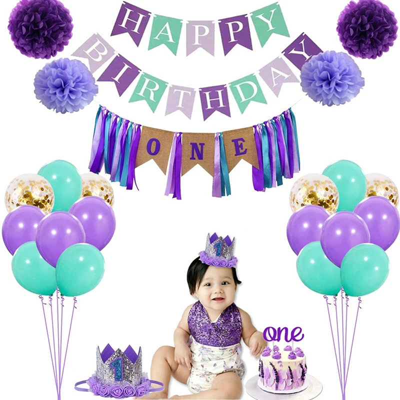 

Mermaid Theme Party Girls 1st Birthday Crown High Chair Banner Cake Topper and Pom Pom Flowers and Ballons for Baby Birthday Par