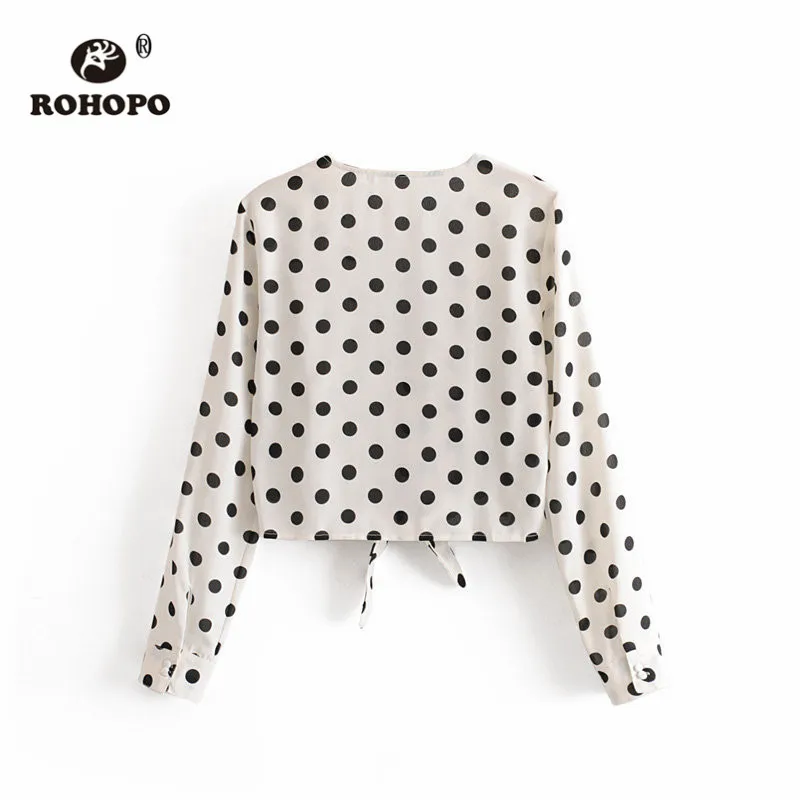 ROHOPO черная Polk Dot с длинными рукавами спереди гофрированный галстук подол белая