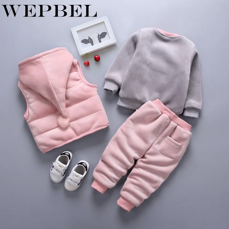 WEPBEL Children Kids Boys Girls Clothing Sets Winter Hooded Woolen Vest Jackets Pants Thick Warm Tracksuts Trousers | Детская одежда и