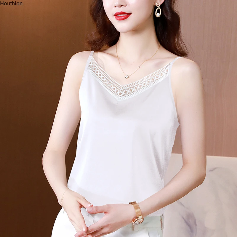 

Ladies Camisole Solid Color Top Casual Fashion Vest New Tops Slim Splicing V-neck Satin Summer Houthion