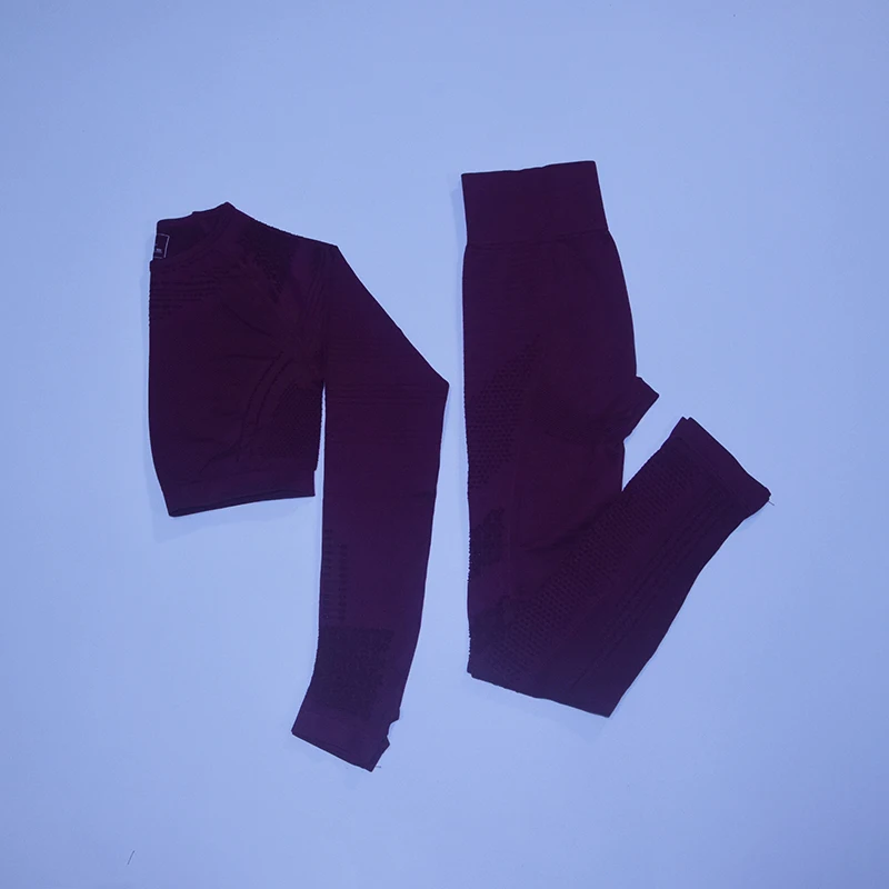 dark purple set Безупречный вязаный бесшовный комплект для йоги Женская одежда для фитнеса с длинным рукавом спортивная одежда леггинсы для спортзала полый укороченный топ 2 шт. спортивный костюм - Цвет: dark purple set