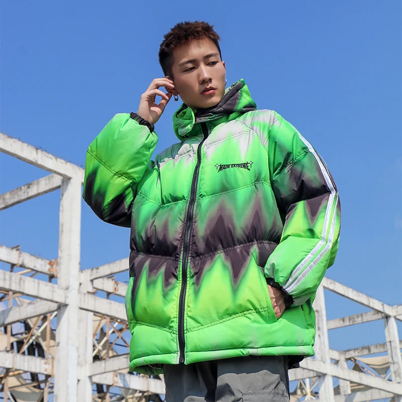 Tie dye пуховик парка Harajuku Светоотражающая Мужская зимняя ветровка уличная
