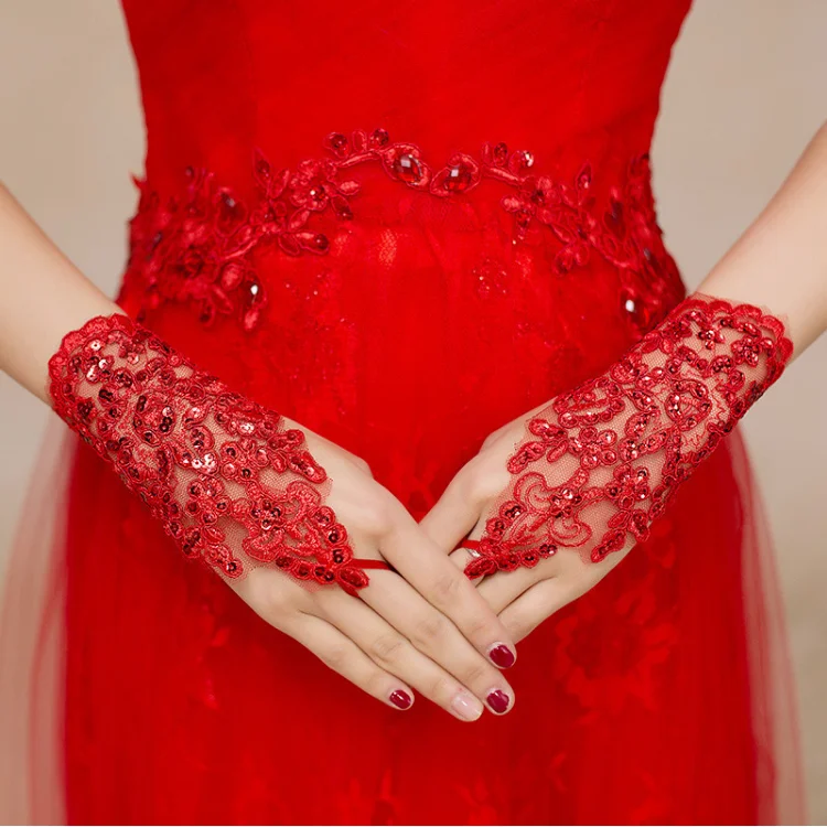 

White Ivory Red Short Women Fingerless Bridal Gloves Elegant Paragraph Rhinestone Lace Glove Wedding Accessories