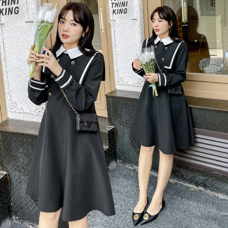 

Women's Spring Square Collar Contrast Button Dress Plus Size Knee Length Casual Wear 100 Kg Can Be Worn