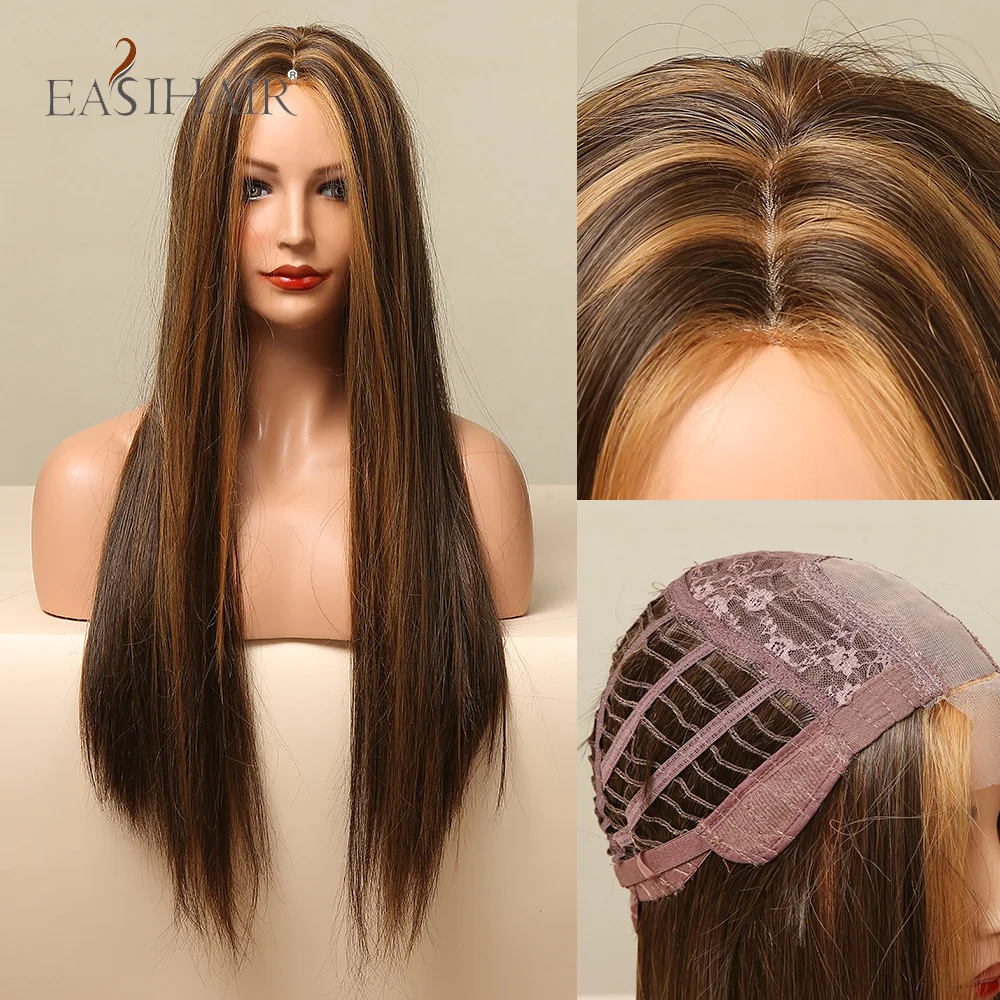 

EASIAHIR Super Long Dark Brown Blonde Highlight Straight Synthetic Wigs for Black Women Natural Heat Resistant Fiber
