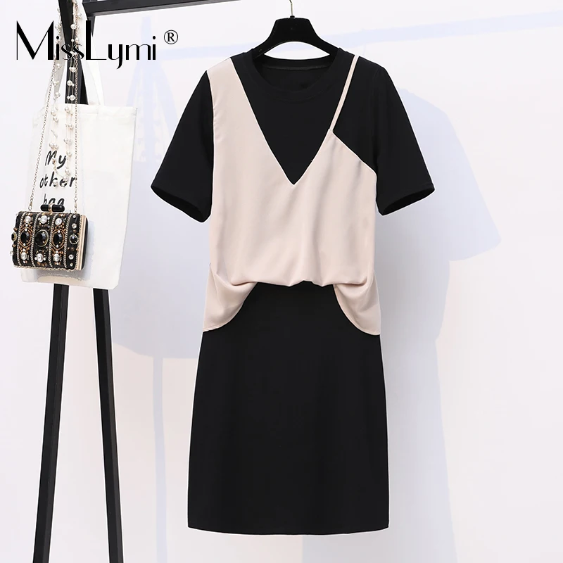 

MissLymi L-5XL Plus Size Sling Fake two Pieces Dresses Summer 2021 Fashion O-neck Short Sleeve Hit the Color Casual Loose Dress