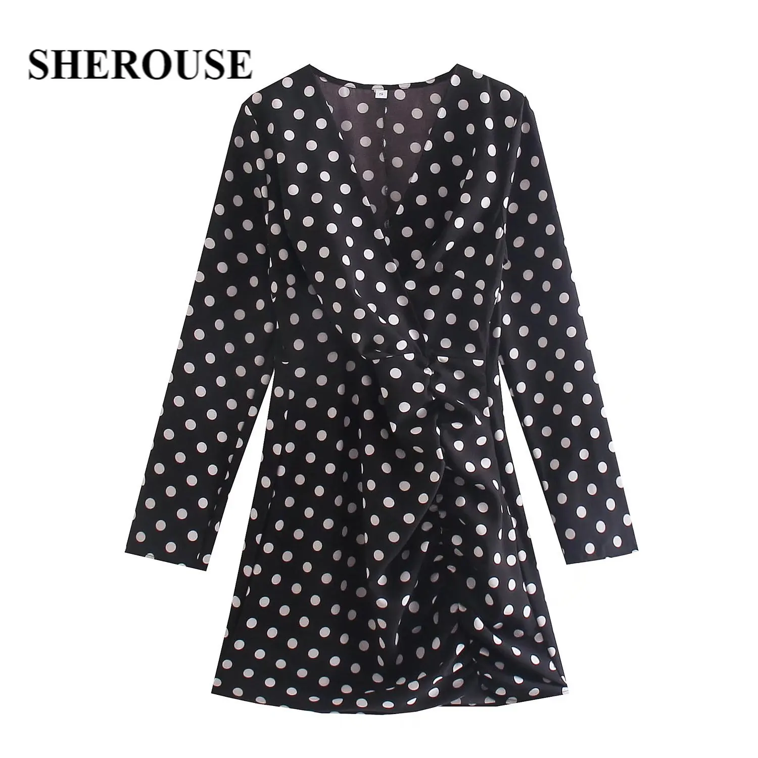 

Женское винтажное мини-платье с v-образным вырезом и длинным рукавом Sherouse, в горошек, на молнии сбоку