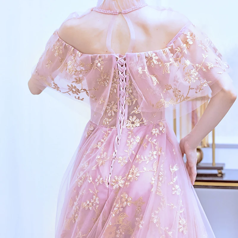

Pink Luxury Evening Dress Illusion Boat Neck Half Lace Tulle Floor-Length Ball Gown Sequined Elegant Women Formal Dresses TS205
