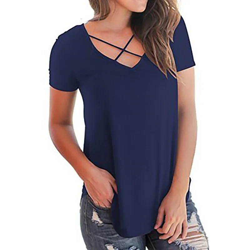 

Spring/Summer 2021 new women's chest cross V-neck short-sleeved loose T-shirt TB7901