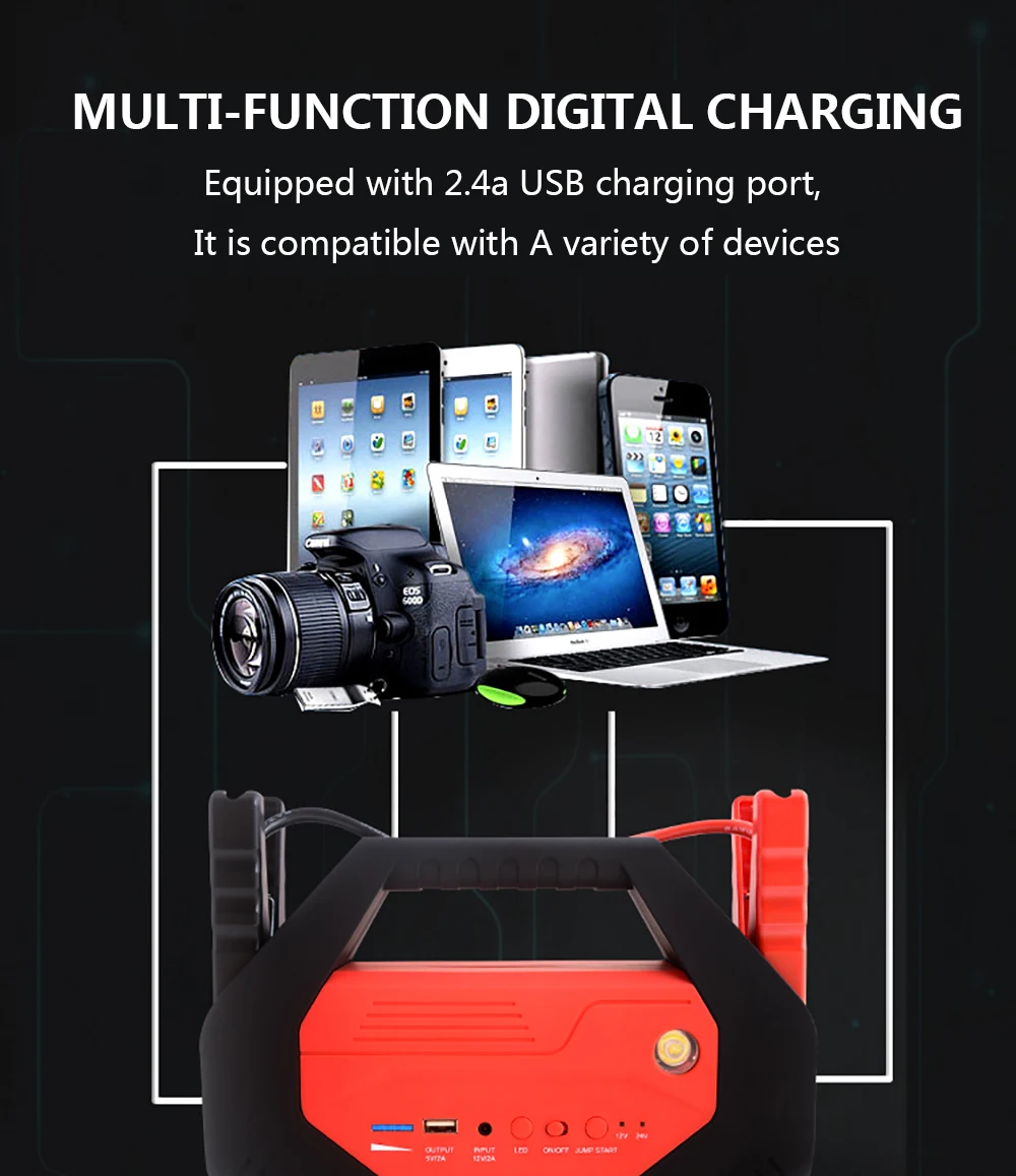 

Portable 32000mah Emergency Booster 1200A Peak Jump Starter 12v/24v For Cars and Trucks Jump Starter