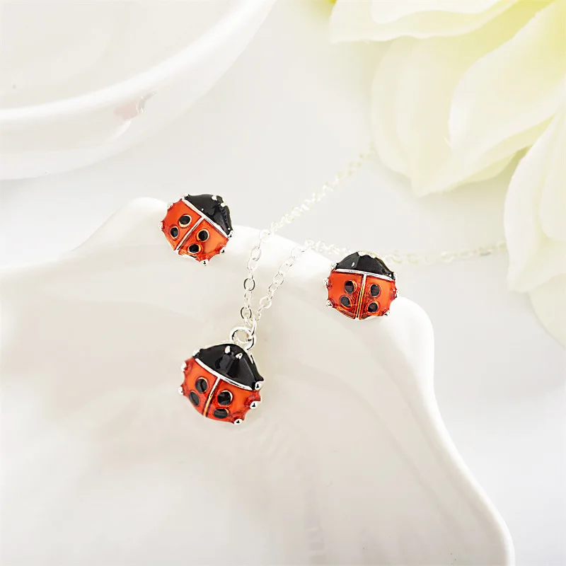 Модный милый красный Coccinella Septempunctata ожерелье с насекомыми и серьги ювелирный