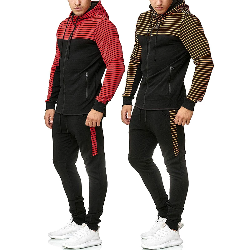 Mens Sets Casual Cardigan Hoodie New Men's Casual Loose-fitting Two-piece Striped Hoodie