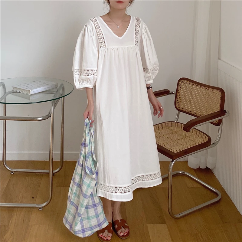 

Bohe Casual Loose Lace Dress Women Autumn New V-neck Puff Sleeve Long Dress Female Clothing Fashion White Dress