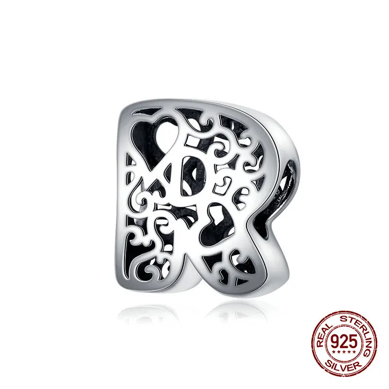 26 алфавитов, A-Z,, серебряные бусины 925 пробы, Подходит для Pandora, браслет, ожерелье, Подвеска для женщин, изготовление ювелирных изделий - Цвет: R