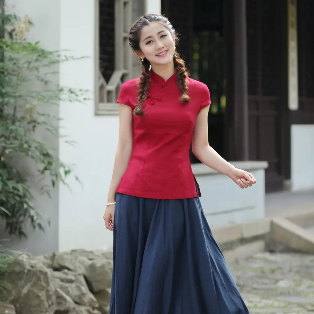 

Women's Tang Suit Summer Cotton Linen Short Sleeve Shirt Blouse chinese Ladies traditional tops Clothings blusas de mujer