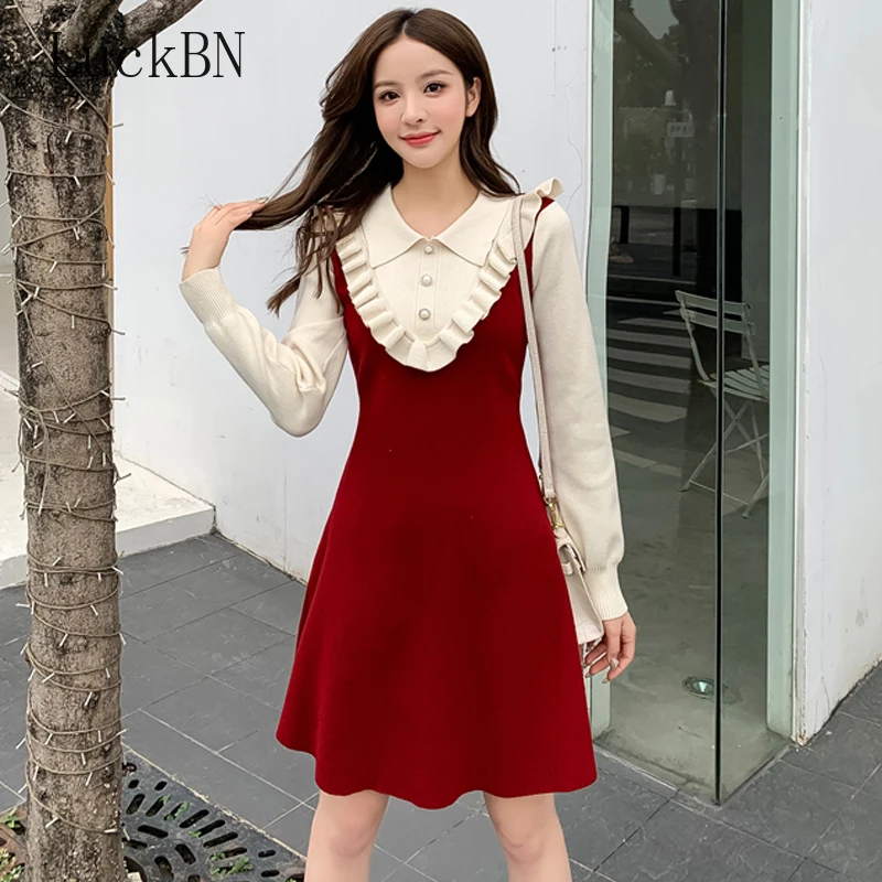 

Женское трикотажное платье-свитер, однобортное свободное платье трапециевидной формы с воротником с отворотом, Осень-зима 2021