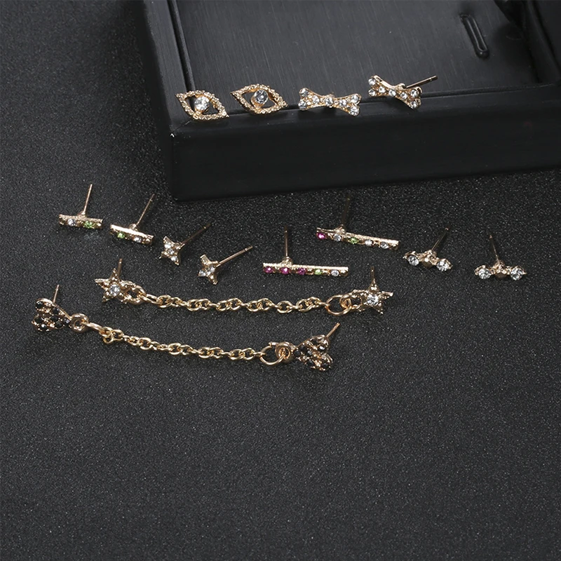 

New 1Set Girls Vintage Crystal Rhinestone Geometric Earrings Set Alloy Earings Women Ear Studs Jewelry Gift
