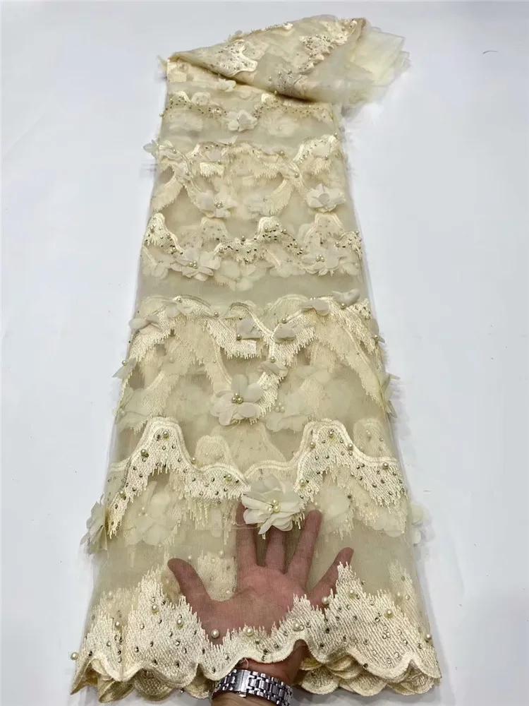 

French Lace Fabric gold Beaded African Lace Fabric 2020 High Quality beads Embroidered Fabric for Nigerian Wedding Dresses FD124