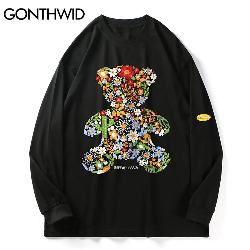 

GONTHWID Tees Shirts Harajuku Embroidery Flowers Bear Long Sleeve Tshirts Hip Hop Fashion Cotton Streetwear Loose Casual Tops
