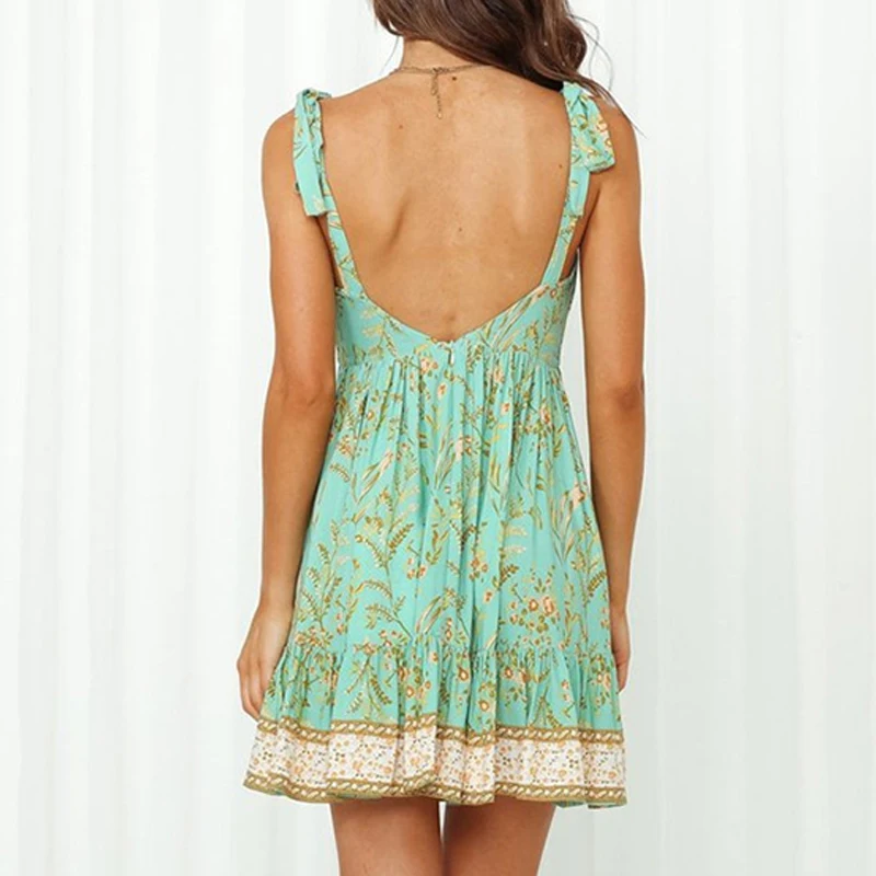 

Fashion Women Summer Floral Backless Mini Dress Spaghetti Strap V Neck Sleeveless High Waist Holiday Beach Dress