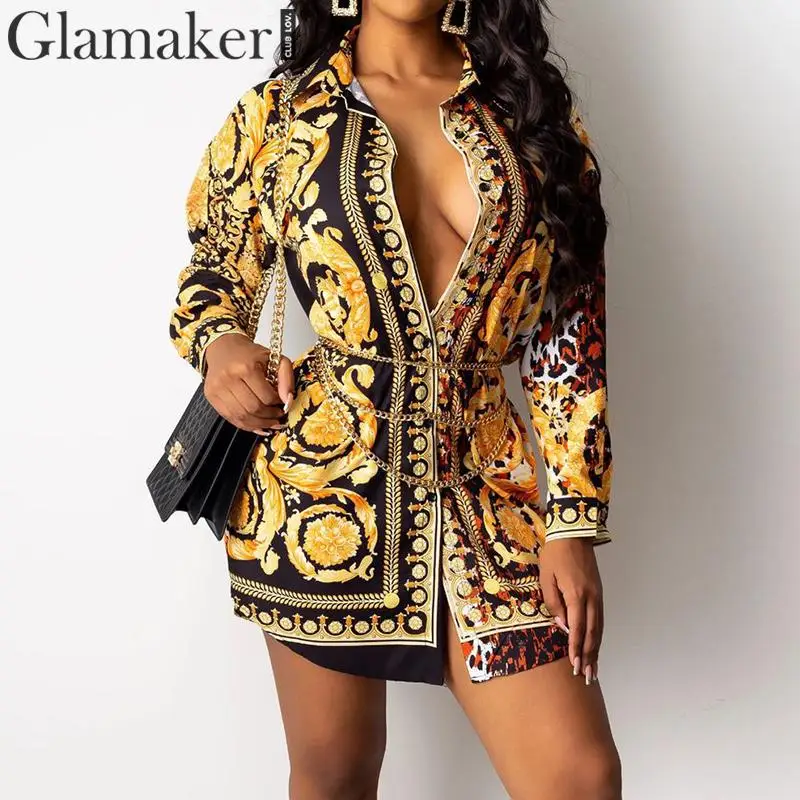 Glamaker, сексуальное винтажное Золотое Платье с принтом пейсли, женское Короткое платье-блузка с v-образным вырезом, Осеннее элегантное Клубное платье, вечерние платья большого размера