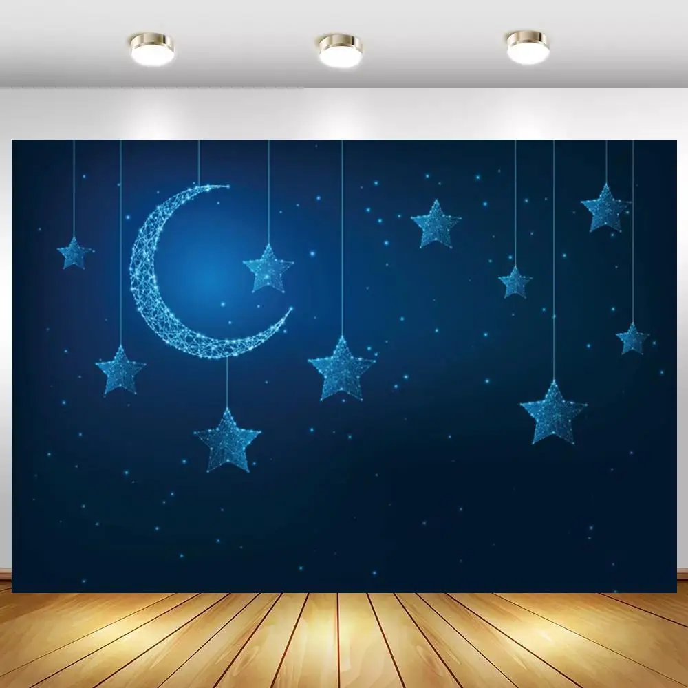 

Темно-синий блестящий Виниловый фон для фотосъемки новорожденных с изображением звезд Луны ночного неба детей на 1-й день рождения