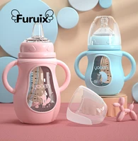 cute glass baby bottle soft feel silicone straw water drink bottles for baby baby feeding bottle baby food storage container