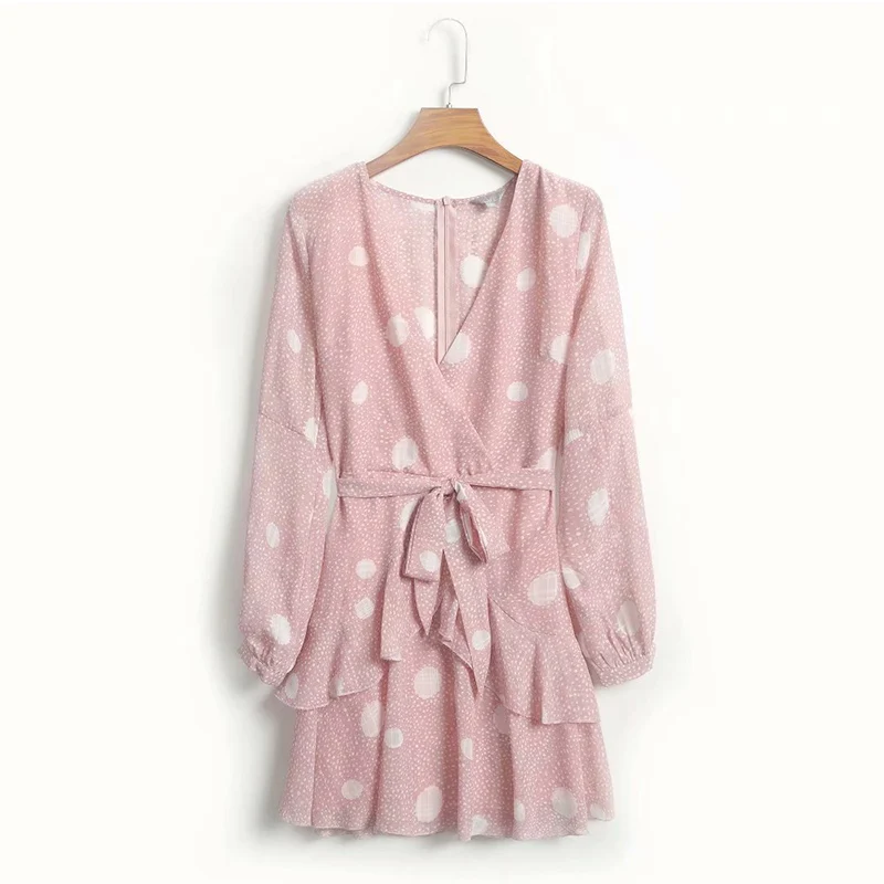 

Sexy deep v neck mini dress with sashes 2019 summer new fashion ruffles A line long sleeves loose waist plus size casual dresses